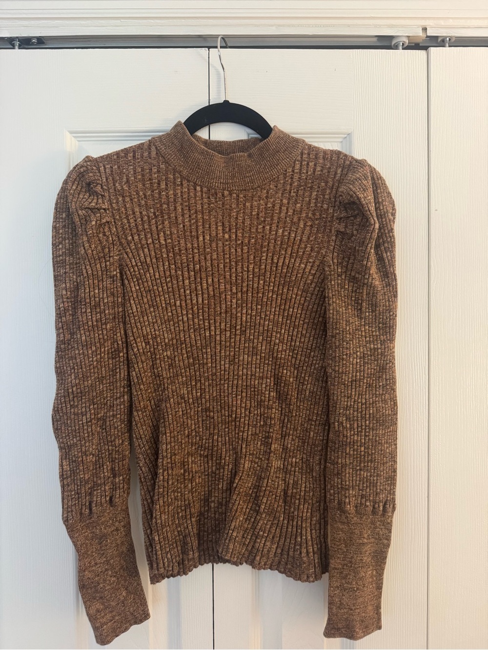 Who What Wear Ribbed Puff-Sleeve Mock Neck Sweater in Brown